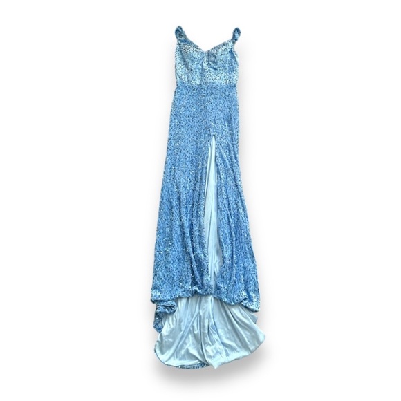 Miss Veil Pastel Blue Sequin Formal Maxi Dress Size Medium Sweetheart Leg Slit - Picture 3 of 16
